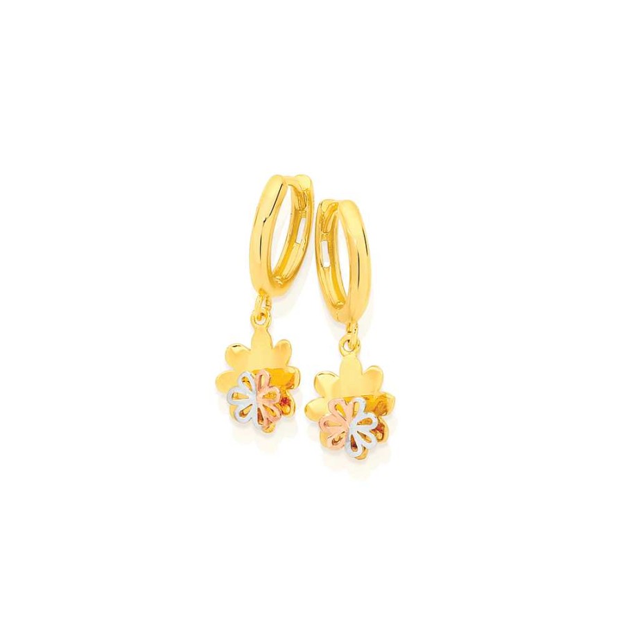 Earrings Pascoes | 9Ct Gold Tri Tone Flower Drop Huggie Earrings