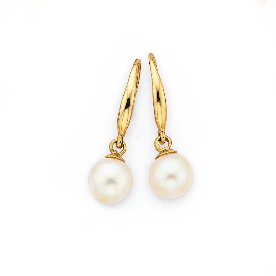 Earrings Pascoes | 5Mm Cultured Fresh Water Pearl Drop Earrings In 9Ct Yellow Gold