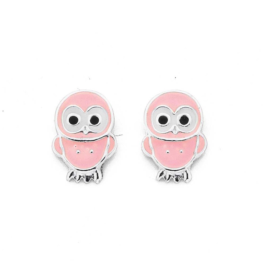 Earrings Pascoes | Sterling Silver Pink Enamel Owl Stud Earrings