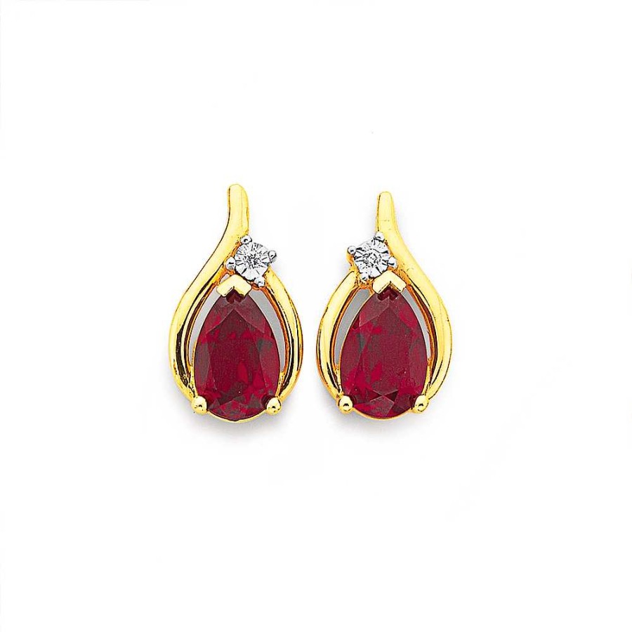 Earrings Pascoes | 9Ct Created Ruby & Diamond Earrings