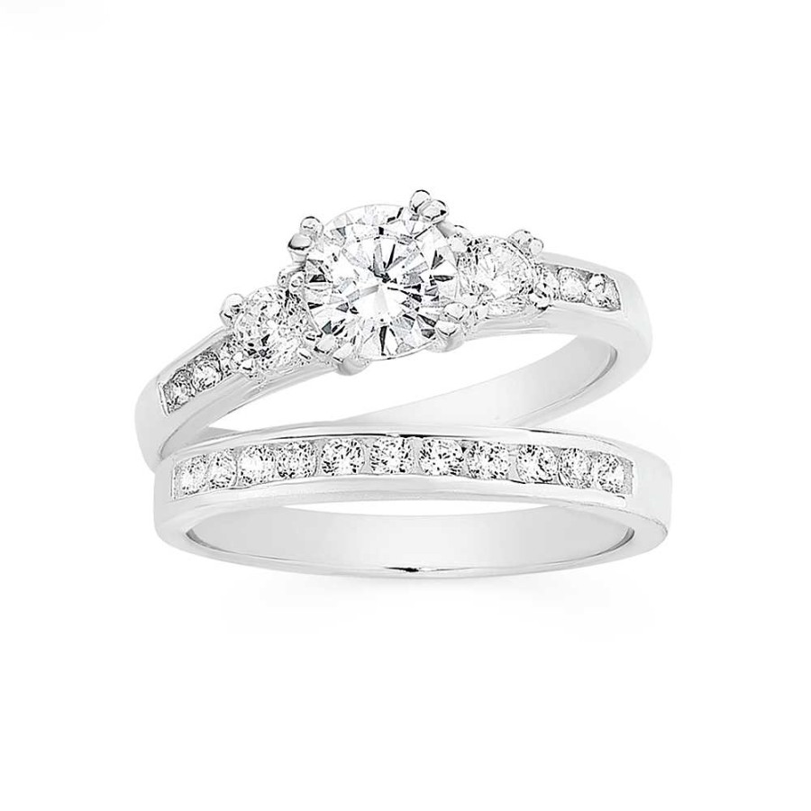 Rings Pascoes | Sterling Silver Cubic Zirconia Trilogy With Channel Set Bridal Set Ring