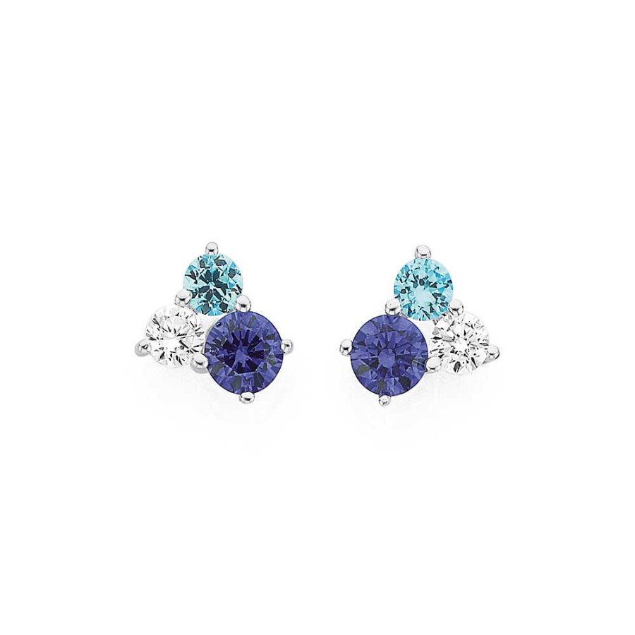 Earrings Pascoes | Sterling Silver Cubic Zirconia & Blue Cubic Zirconia Studs