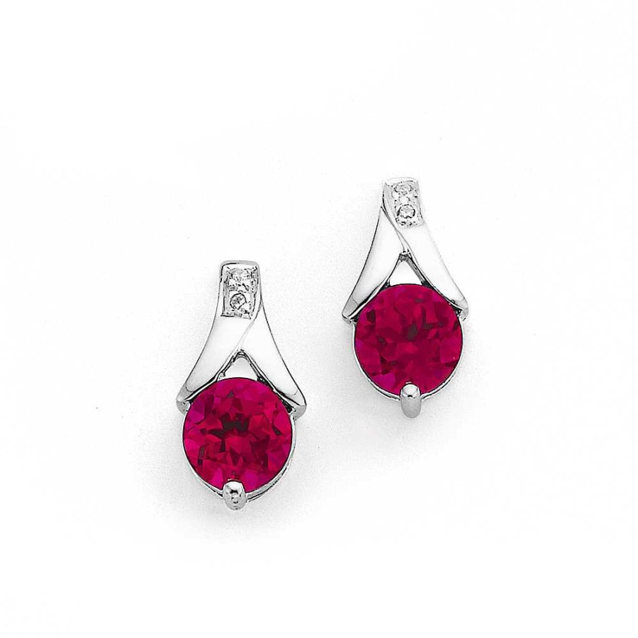 Earrings Pascoes | Synthetic Ruby & Cubic Zirconia Earrings In Sterling Silver