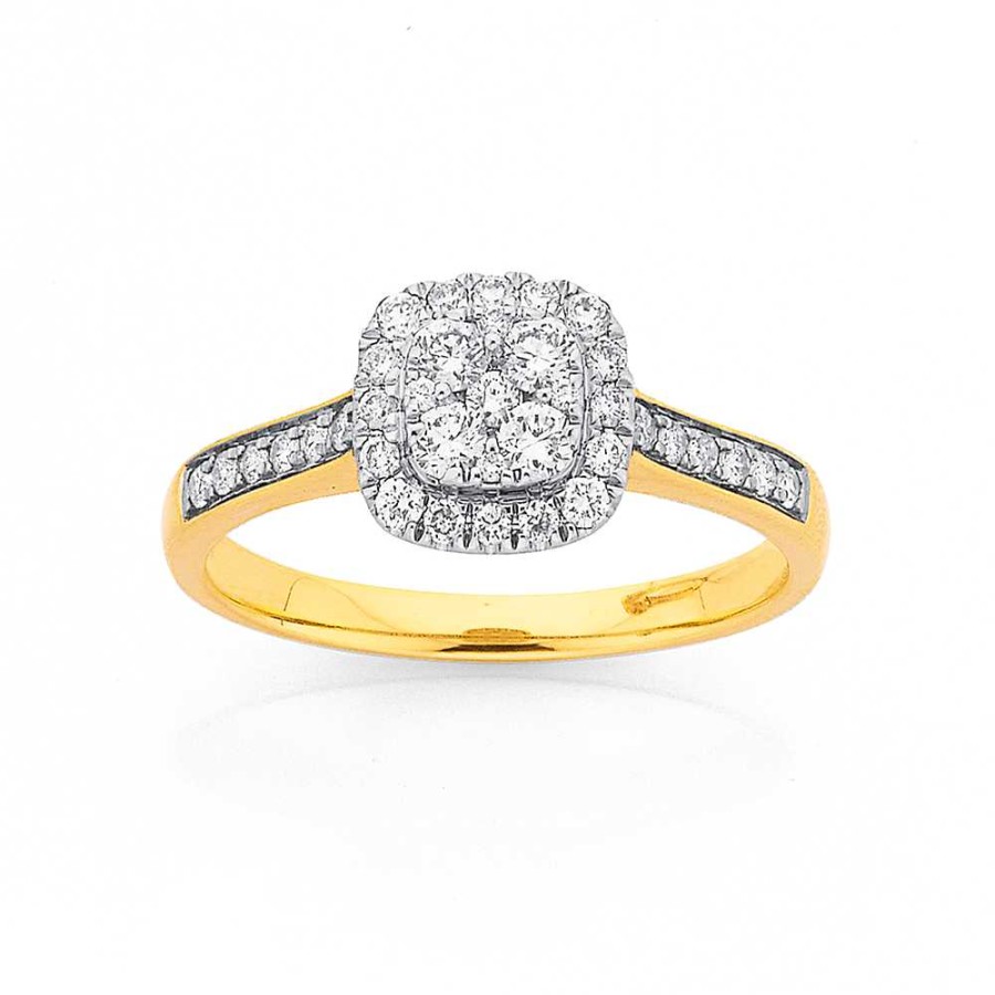 Rings Pascoes | 9Ct Diamond Cushion Halo Cluster Ring Tdw=.50Ct