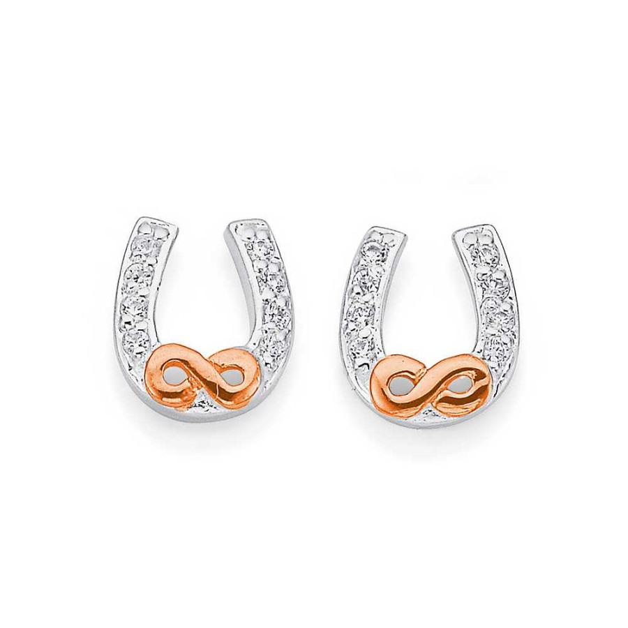 Earrings Pascoes | Sterling Silver & Rose Gold Plated Cubic Zirconia Horseshoe Studs