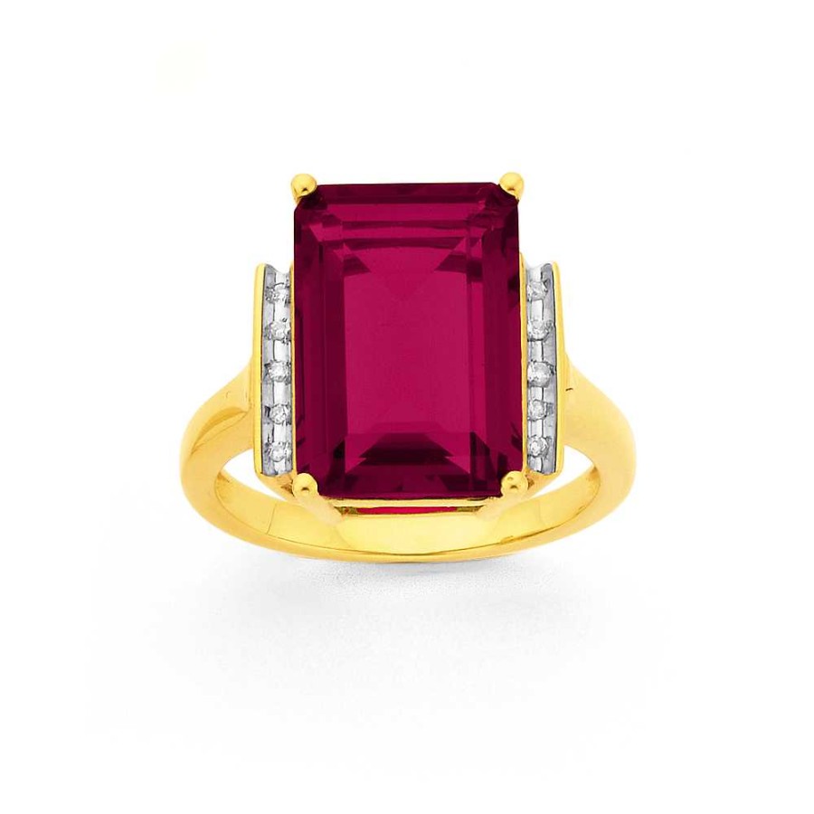 Rings Pascoes | 9Ct Gold Created Ruby & .10Ct Diamond Ring