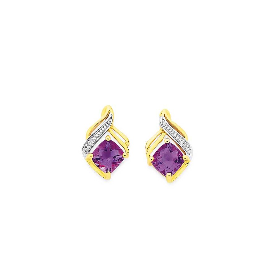 Earrings Pascoes | 9Ct Amethyst & Diamond Stud Earrings