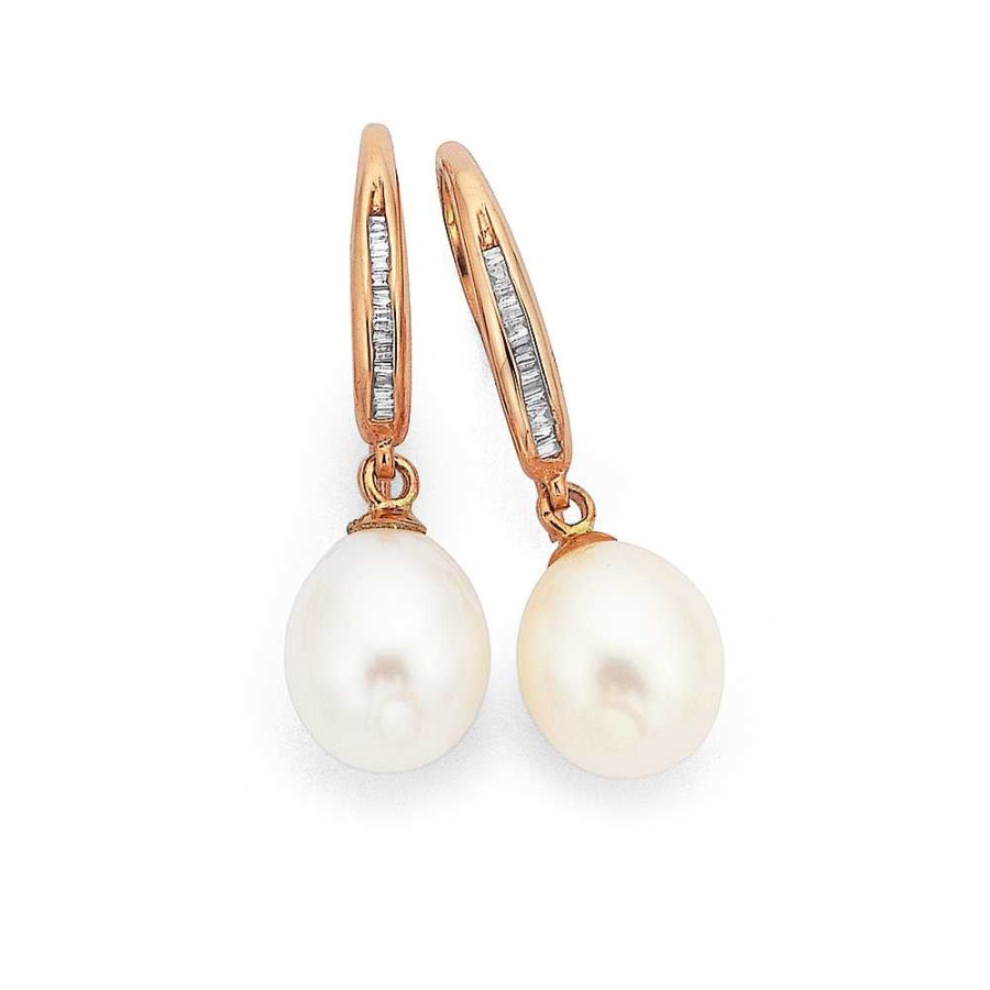 Earrings Pascoes | 9Ct Rose Gold Freshwater Pearl & Diamond Earrings