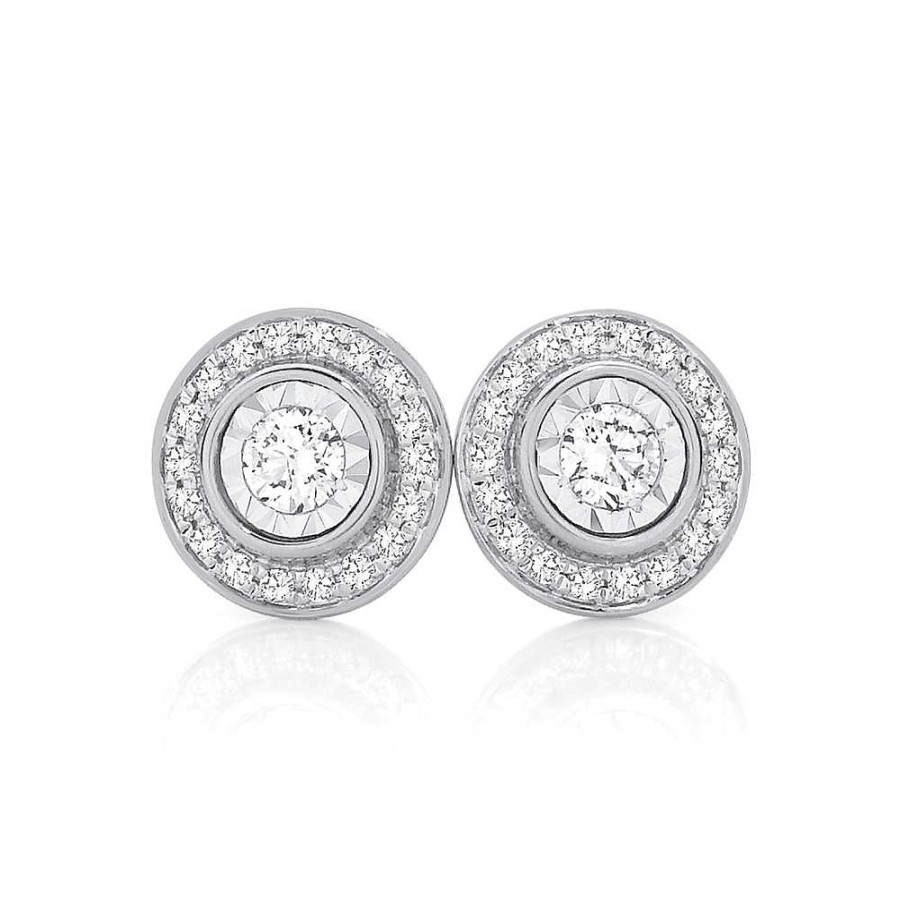 Earrings Pascoes | 9Ct White Gold Halo Earrings Tdw=.20Ct