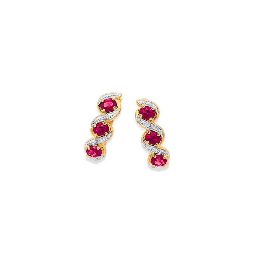 Earrings Pascoes | 9Ct Created Ruby & Diamond Earrings