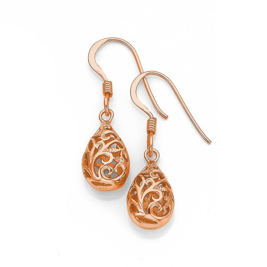 Earrings Pascoes | Sterling Silver Rose Gold Plated Filigree Pear Earrings