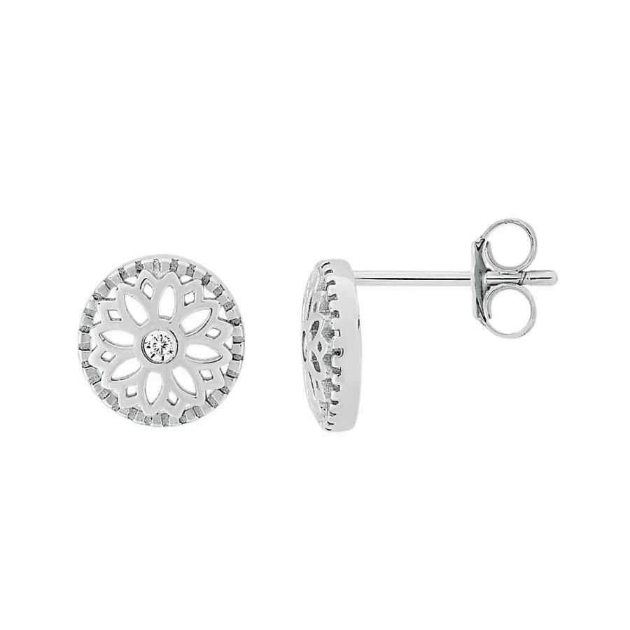 Earrings Pascoes | Sterling Silver Flower Circle Stud Earrings W/ Cz