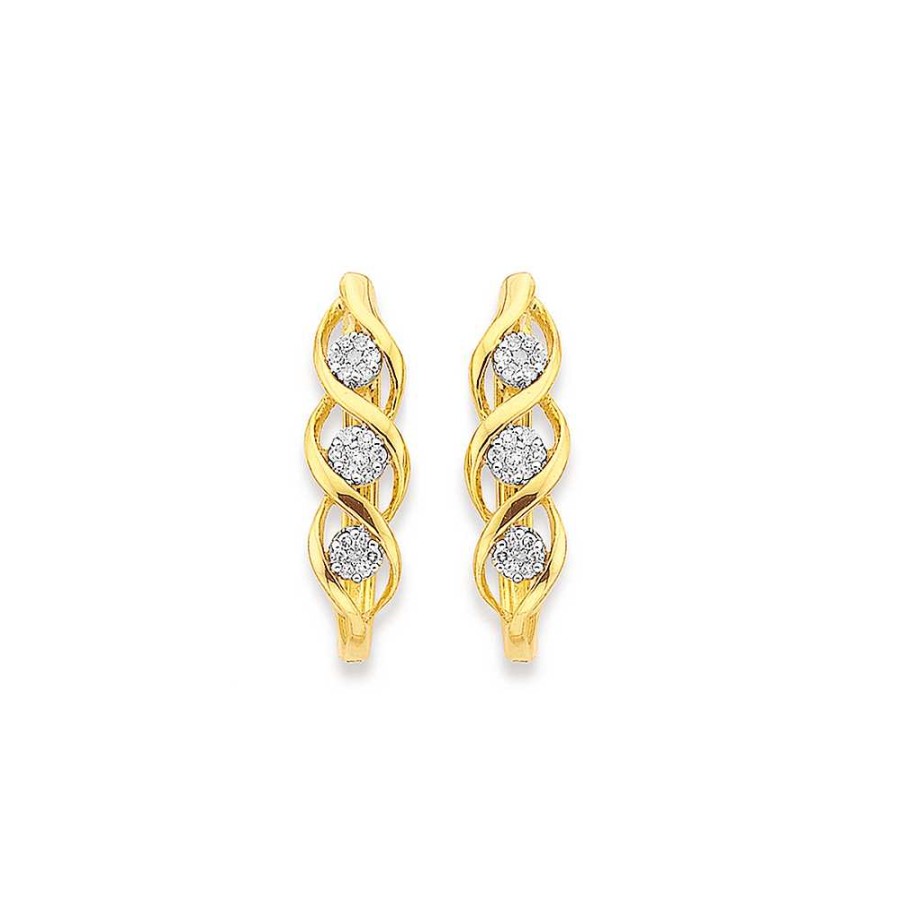 Earrings Pascoes | 9Ct Gold Diamond Cluster Swirl Huggie Earrings