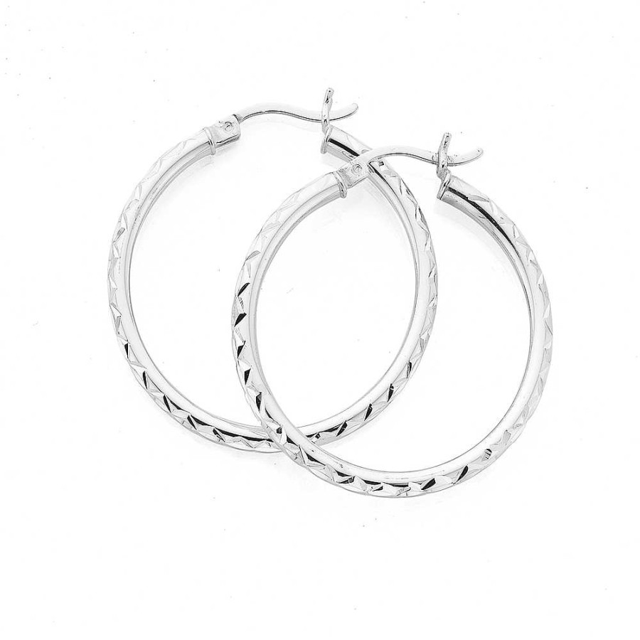 Earrings Pascoes | Silver 25Mm X 2Mm Diamond Cut Sparkle Hoops