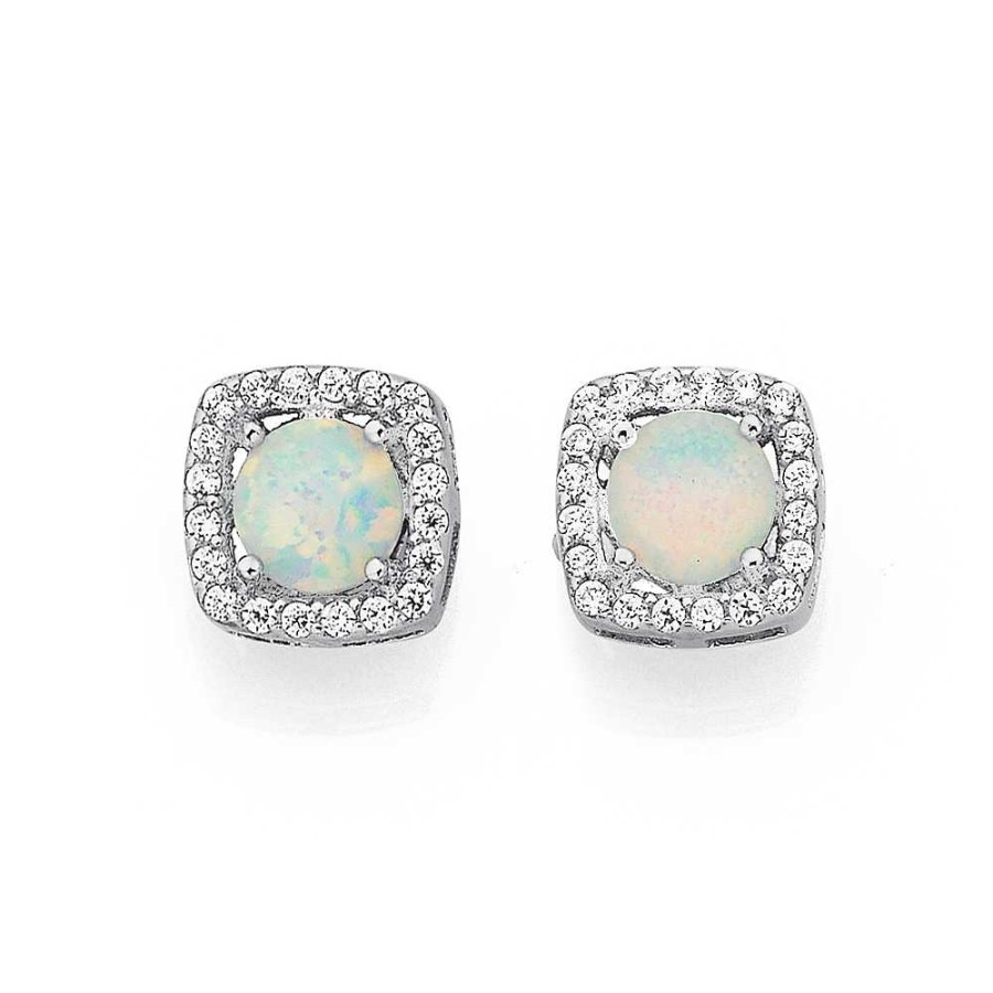 Earrings Pascoes | Sterling Silver Cubic Zirconia & Created Opal Studs