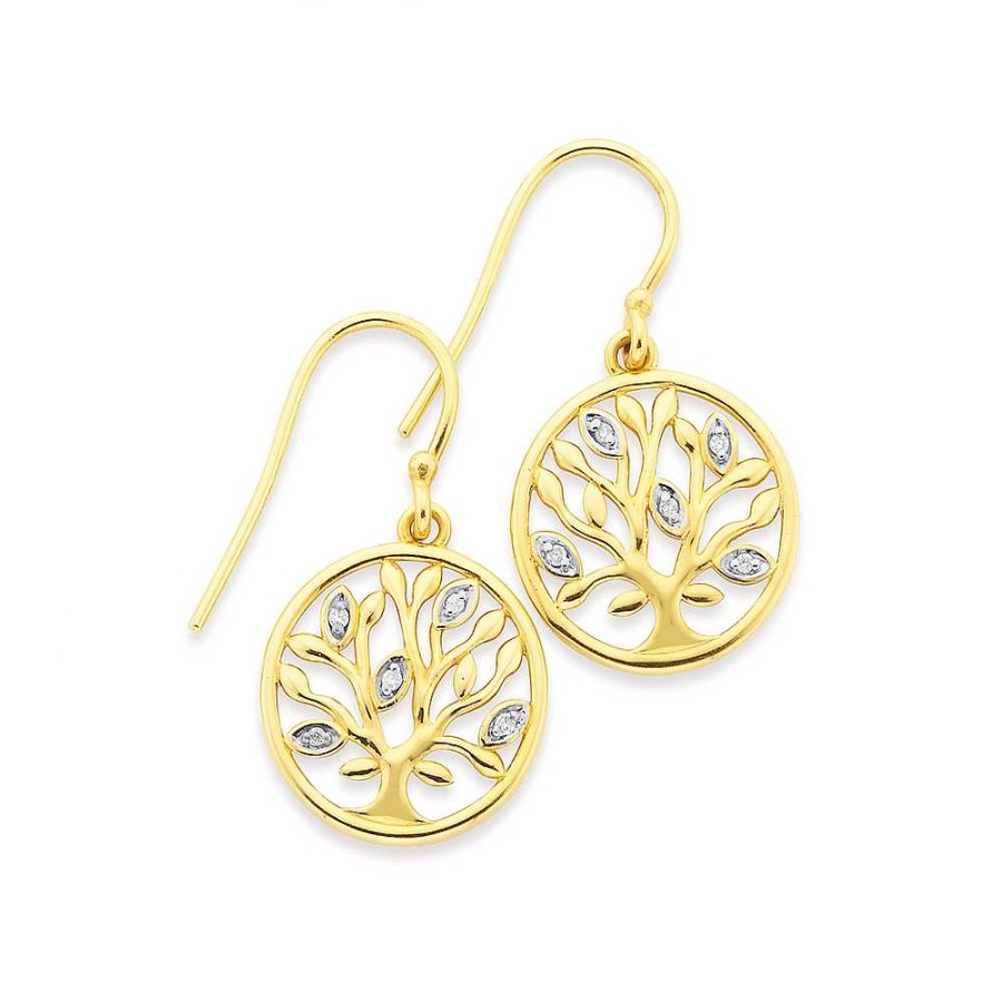 Earrings Pascoes | 9Ct Gold, Diamond Tree Of Life Hook Earrings