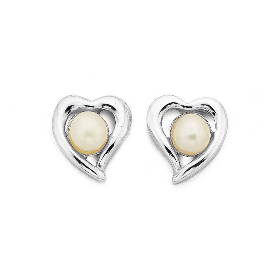 Earrings Pascoes | Freshwater Pearl Heart Stud Earrings In Sterling Silver