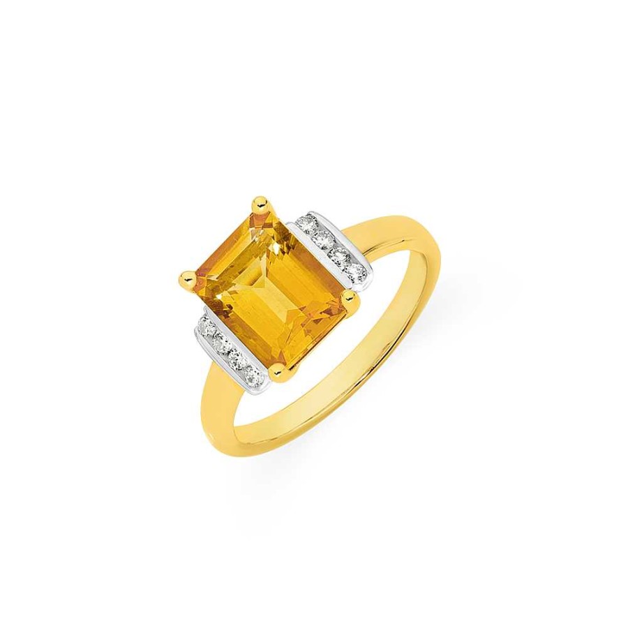 Rings Pascoes | 9Ct Citrine And Diamond Emerald Cut Shoulder Set Ring