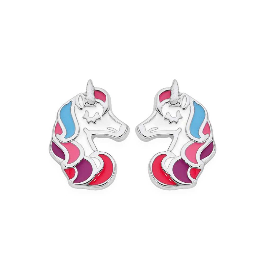 Earrings Pascoes | Sterling Silver Enamel Multi-Colour Unicorn Head