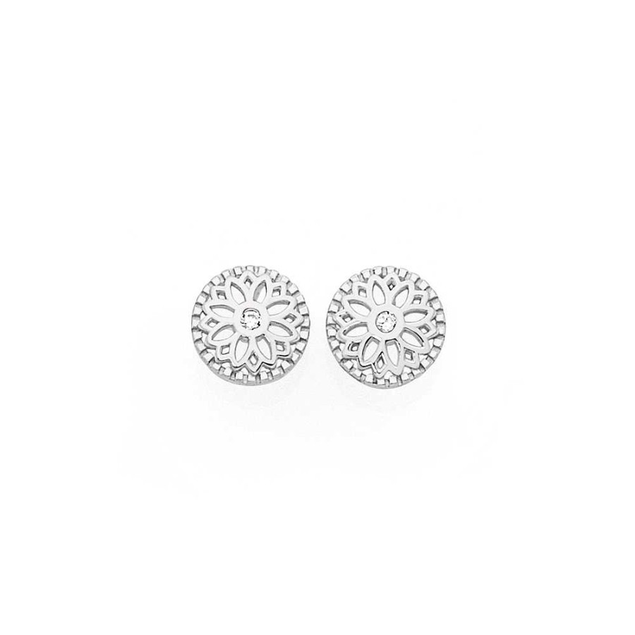 Earrings Pascoes | Sterling Silver Flower Circle Stud Earrings W/ Cz