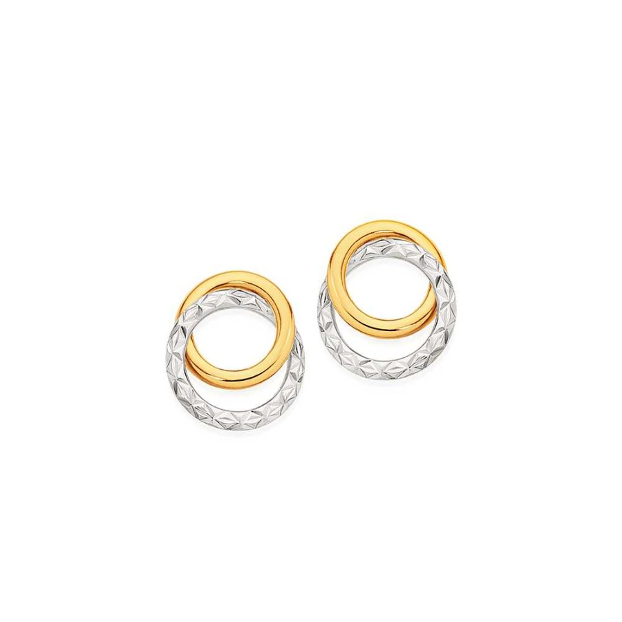 Earrings Pascoes | 9Ct Gold Two Tone Diamond-Cut Double Circle Stud Earrings