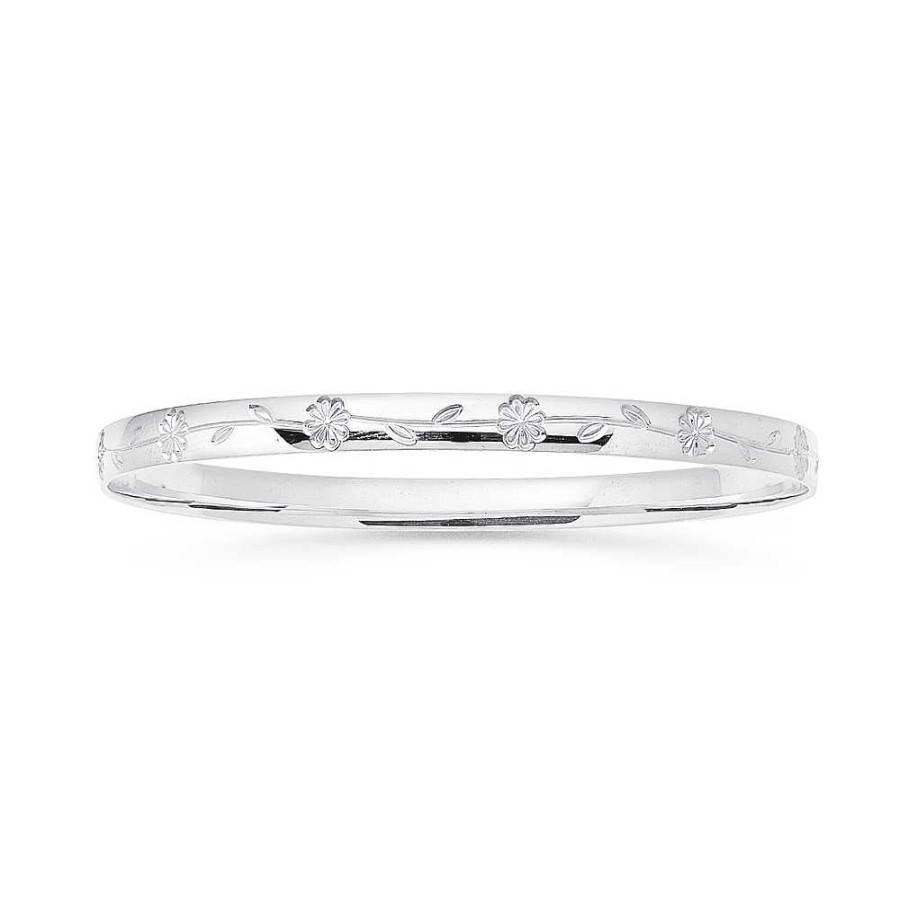 Bangles Pascoes | Sterling Silver 5X65Mm Flower Engraved Bangle