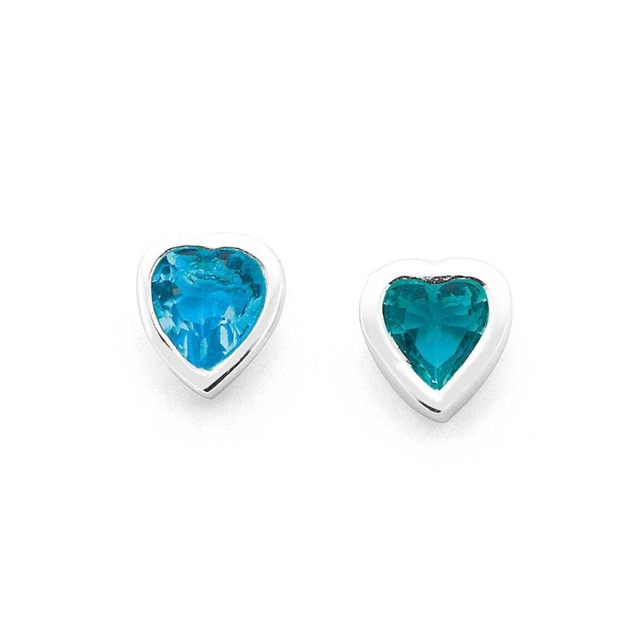 Earrings Pascoes | Sterling Silver Aqua Cubic Zirconia Bezel Heart Studs