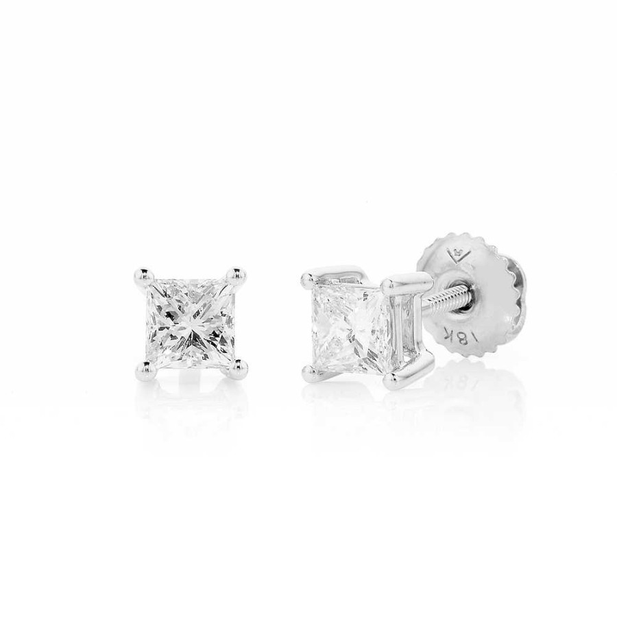 Earrings Pascoes | 18Ct White Gold Princess Cut Diamond Screwback Studs Tdw=.75Ct