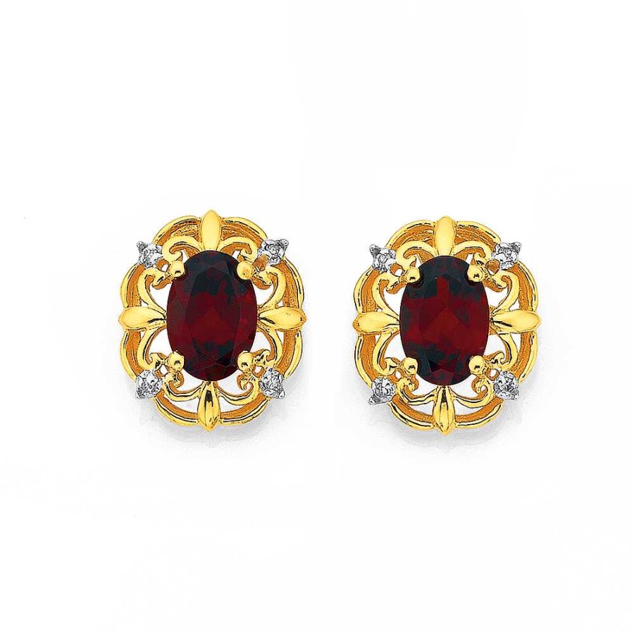 Earrings Pascoes | 9Ct, Garnet & Diamond Earrings