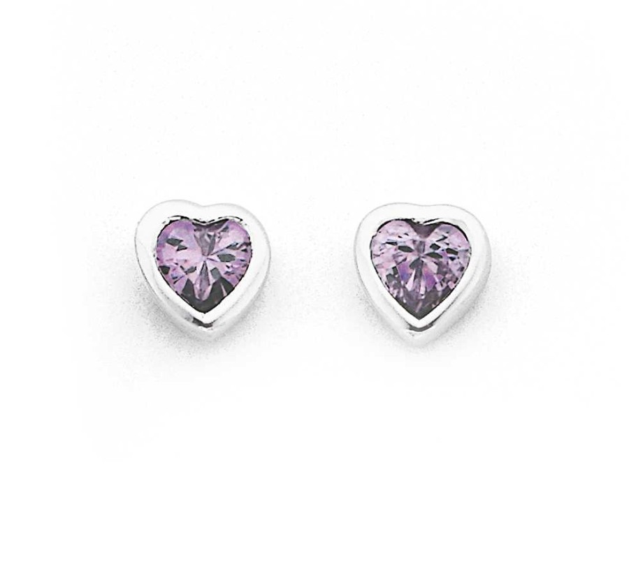 Earrings Pascoes | Sterling Silver Cubic Zirconia Violet Heart Studs