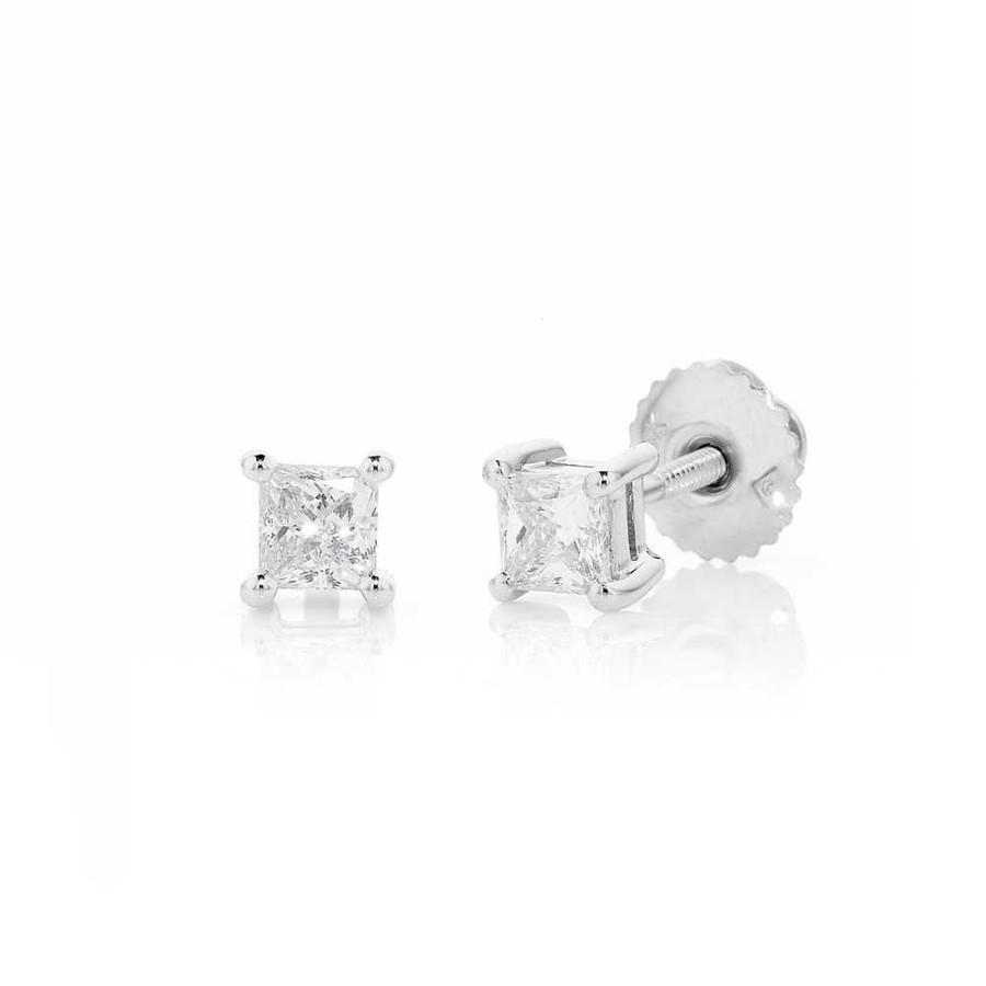 Earrings Pascoes | 18Ct White Gold Princess Cut Diamond Screwback Studs Tdw=.50Ct