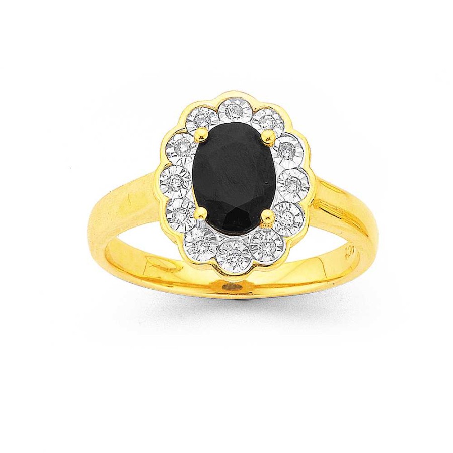 Rings Pascoes | 9Ct Black Sapphire Oval Flower Frame Ring