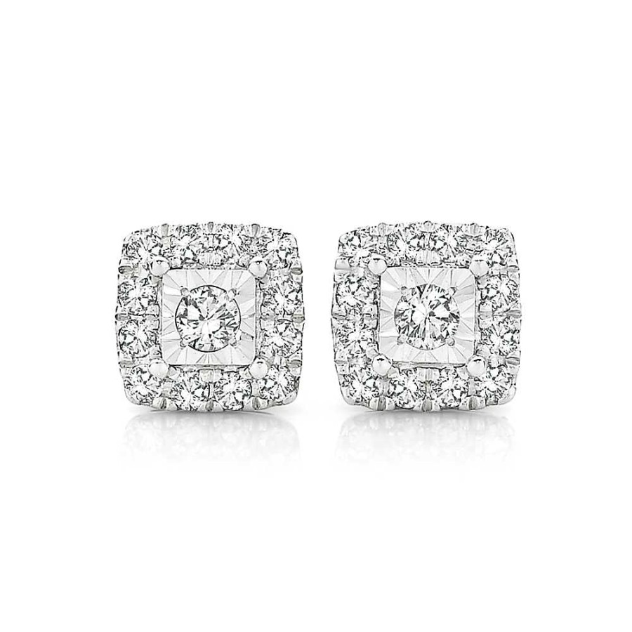 Earrings Pascoes | 9Ct White Gold Diamond Square Frame Stud Earrings