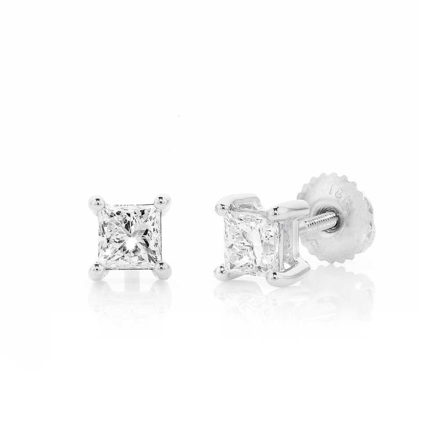 Earrings Pascoes | 18Ct White Gold Princess Cut Diamond Screwback Studs Tdw=1.00Ct