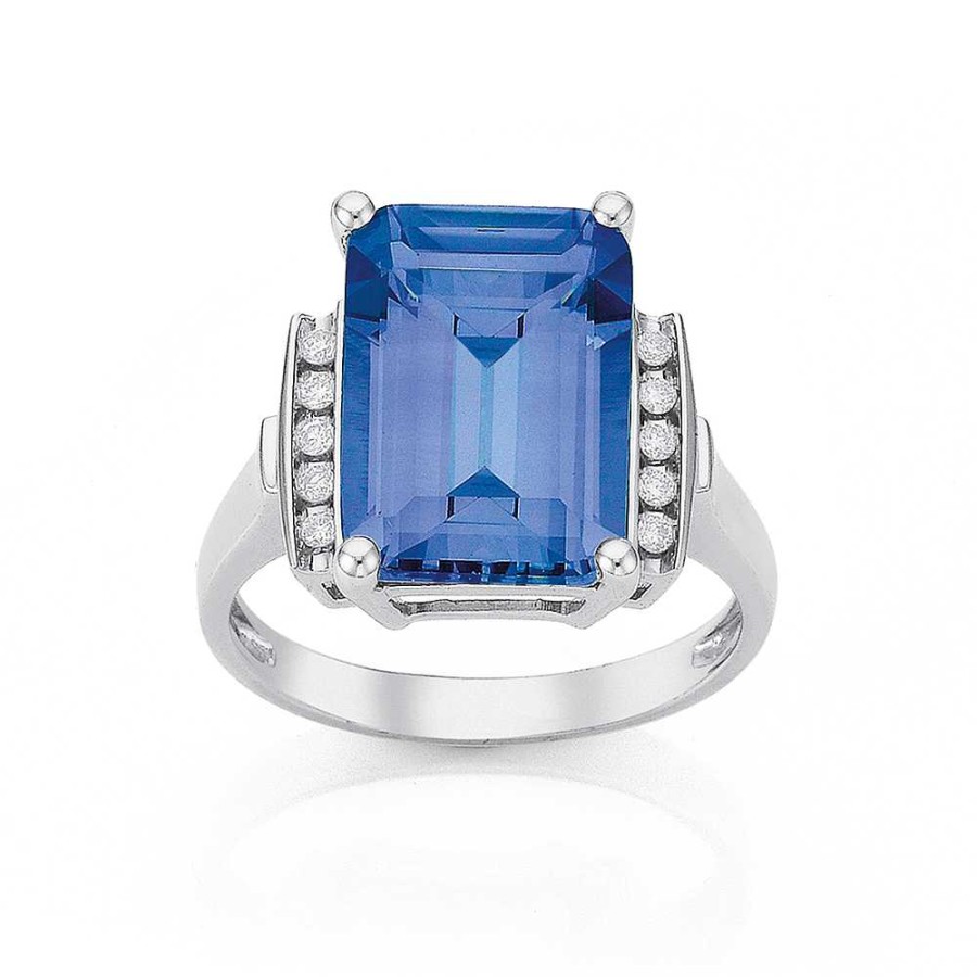 Rings Pascoes | 9Ct White Gold Created Sapphire And Diamond Ring