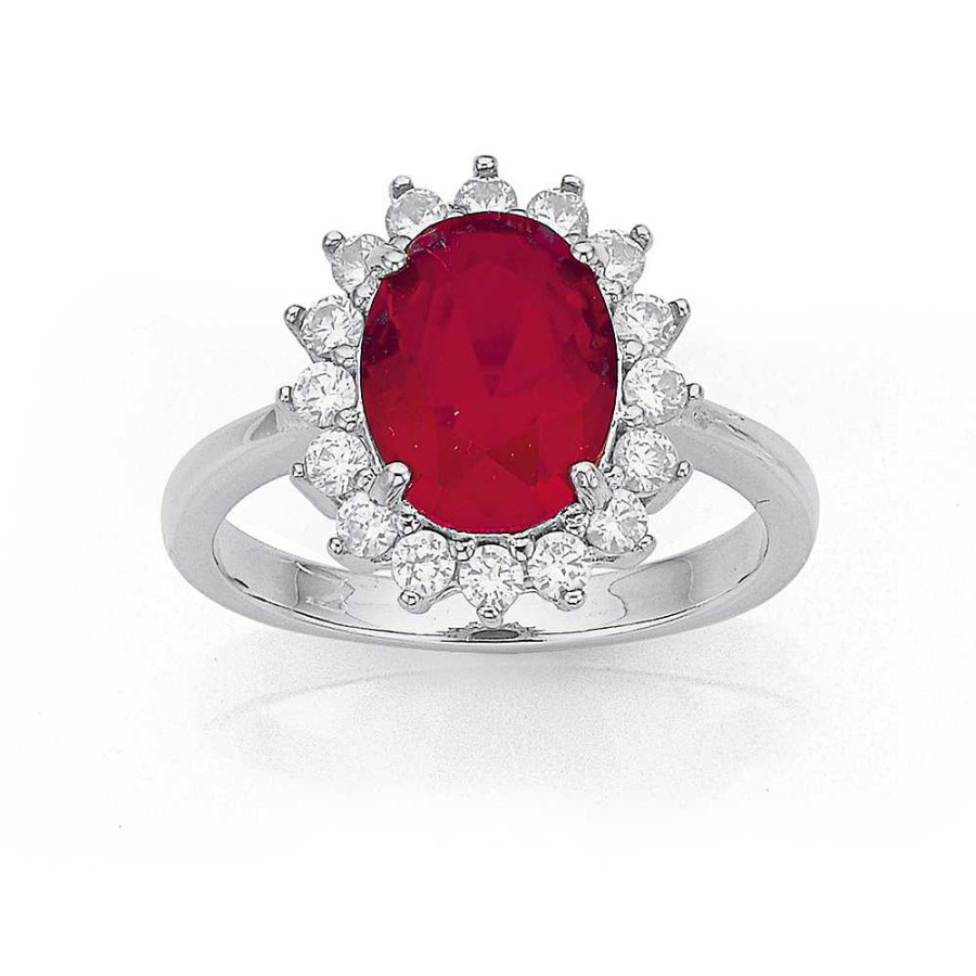 Rings Pascoes | Sterling Silver Red Glass & Cubic Zirconia Cluster Ring