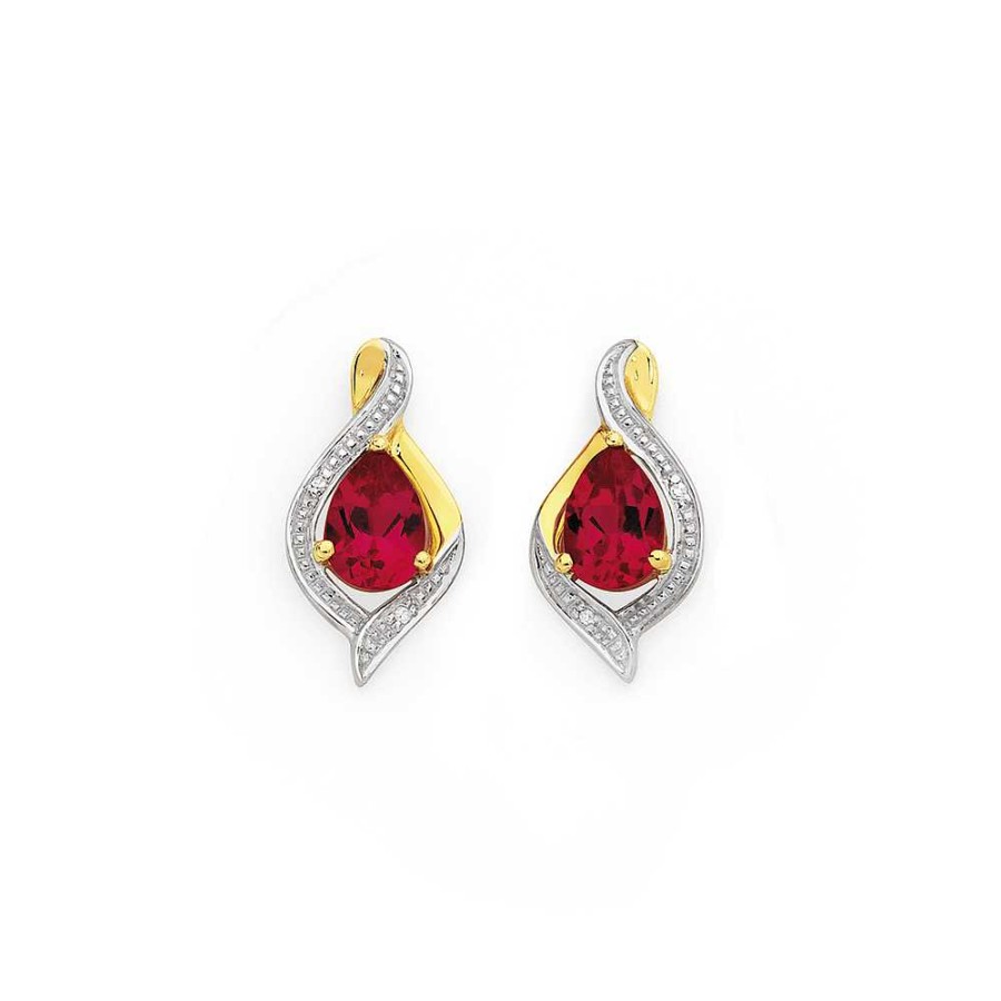 Earrings Pascoes | 9Ct Created Ruby & Diamond Earrings