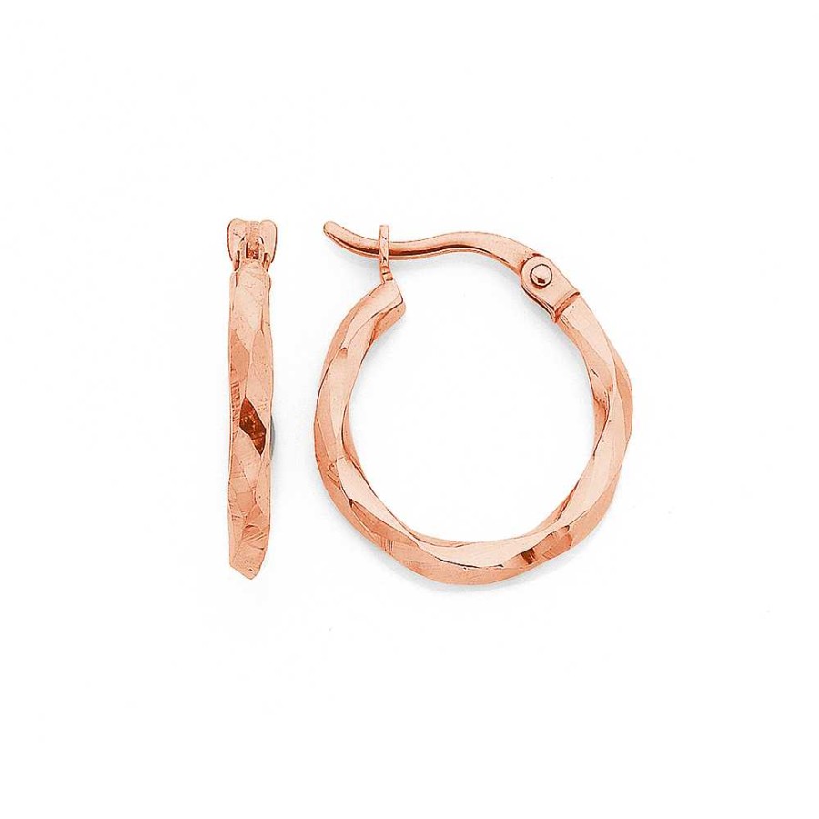 Earrings Pascoes | 9Ct Rose Gold 15Mm Faceted Twist Hoops