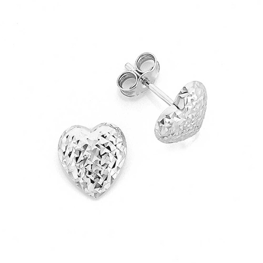 Earrings Pascoes | 9Ct White Gold Diamond-Cut Heart Stud Earrings