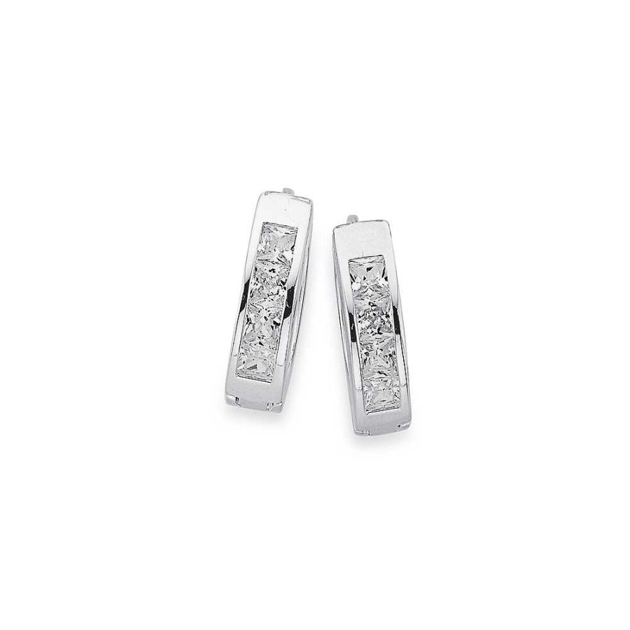 Earrings Pascoes | Sterling Silver 17Mm Princess Cubic Zirconia Huggie Earrings