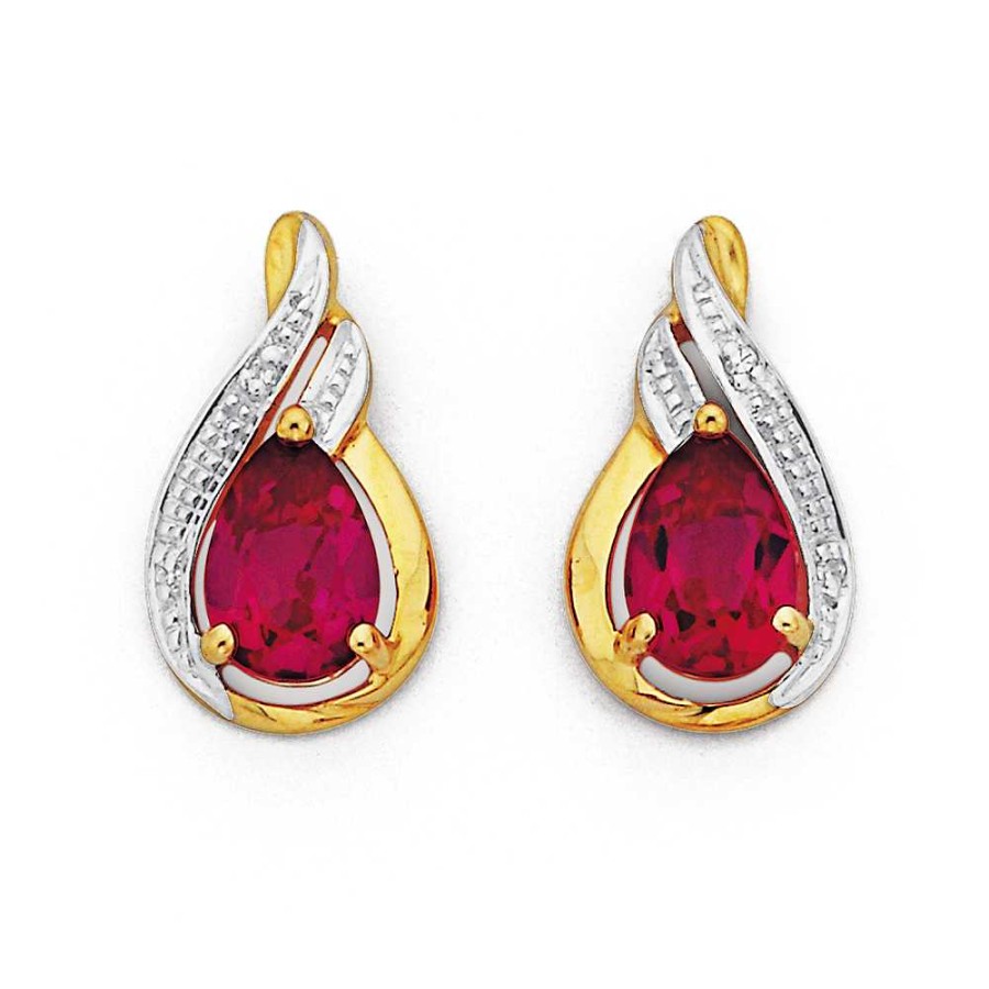 Earrings Pascoes | 9Ct Created Ruby & Diamond Earrings