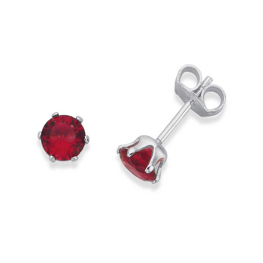 Earrings Pascoes | Sterling Silver Red Cz Round 6-Claw Stud Earrings